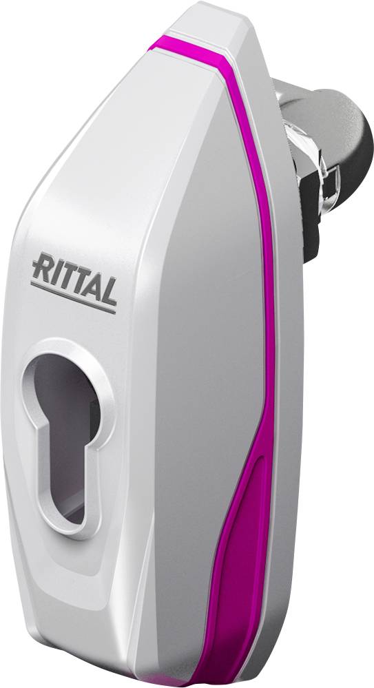 A modern, white bar lock with pink accents, suitable for control cabinets, bears the 'RITTAL' logo on the front side.