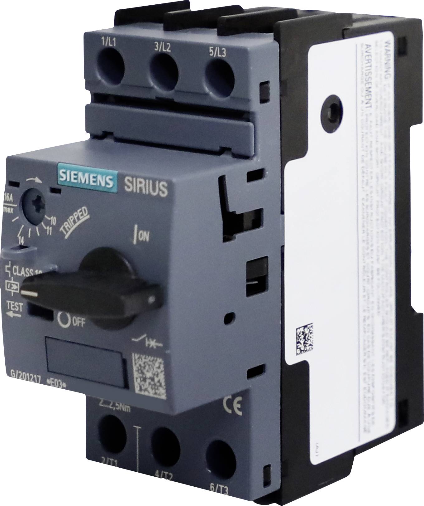 A black and grey electronic switch with 'Siemens SIRIUS' printed on it. At the front, a large rotary knob with markings 'OFF', 'TEST', 'ON'.