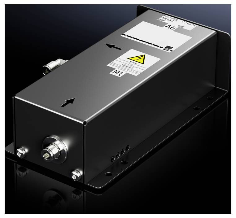 A rectangular, technical metal device with connections and arrow markings. Warning notices and a data label are located on the top surface.