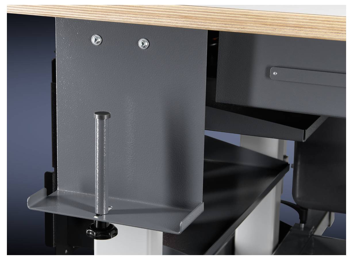 Close-up of a sturdy metal frame with screw clamps beneath a wooden tabletop, suitable for structural support.