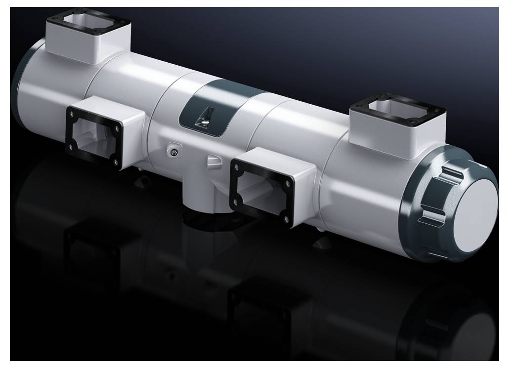 A silver cylindrical mechanical device with multiple rectangular openings against a dark background. It appears to be of a technical nature.