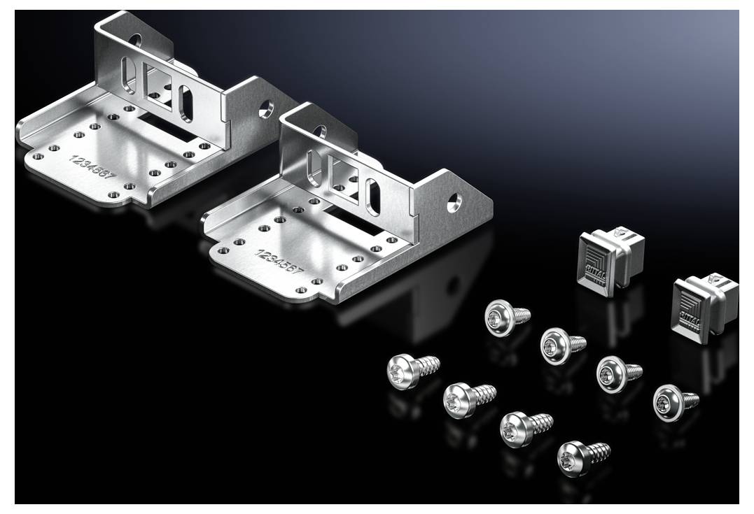 Mounting kit with two angles, five screws and two plastic clips. Used for securing technical equipment.