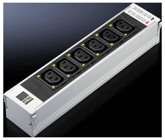 Six power strips in a silver Rittal enclosure, with green indicator lights next to the sockets.