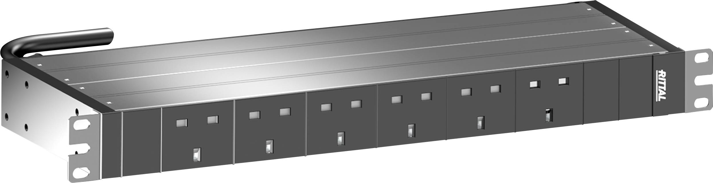 19-inch PDU with multiple outlets, suitable for data centres. Metal enclosure, horizontal mounting option with robust design.