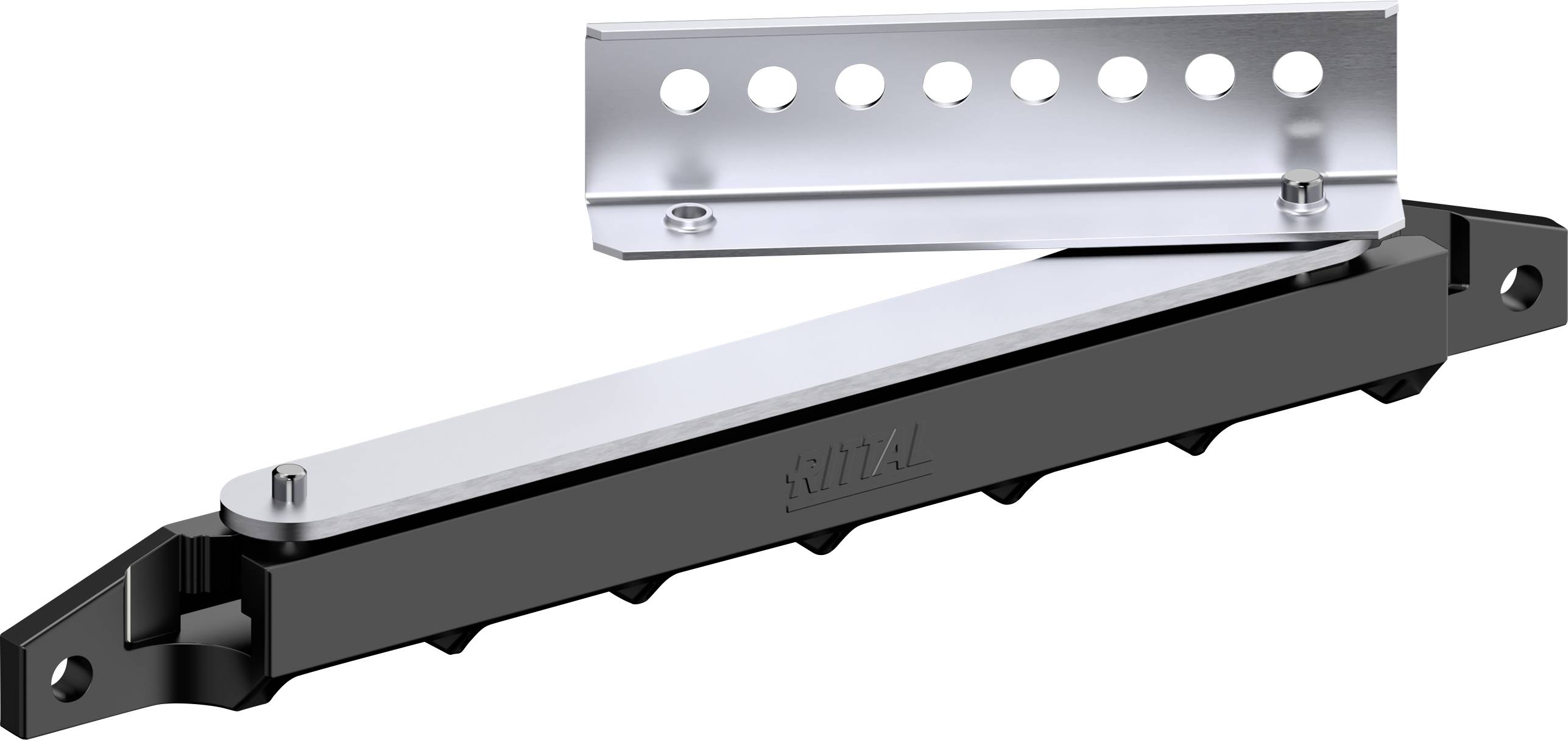 Two metal and plastic components, one with holes, the other rectangular with ribs, potentially part of a mechanism.