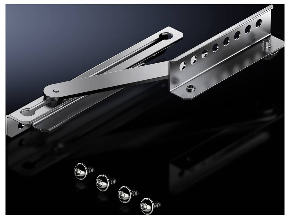 Metallic folding mechanism with hinges and holes. Four screws are arranged at the bottom. Opening angle of 45 degrees.