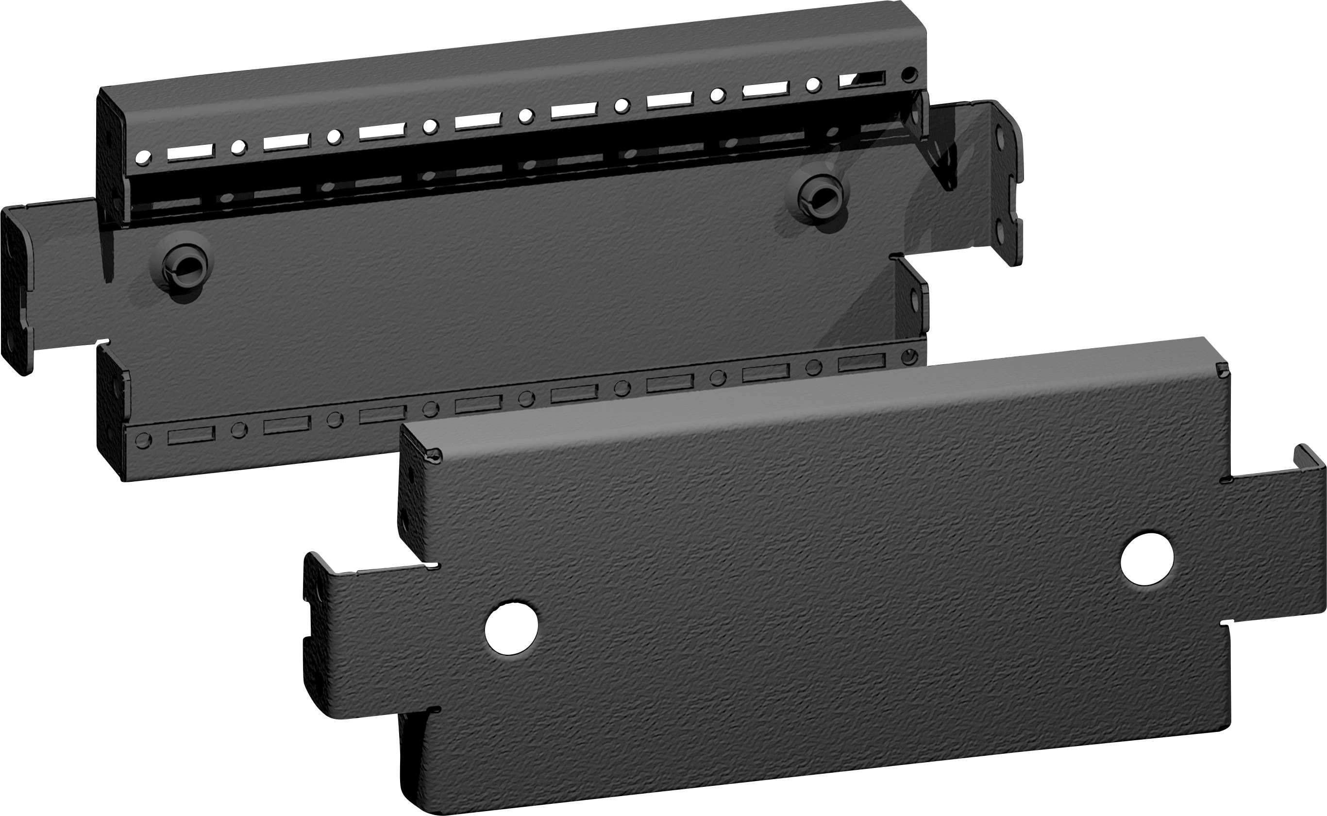 Two black metal angle brackets with holes and markings, for mounting accessories to walls or equipment.