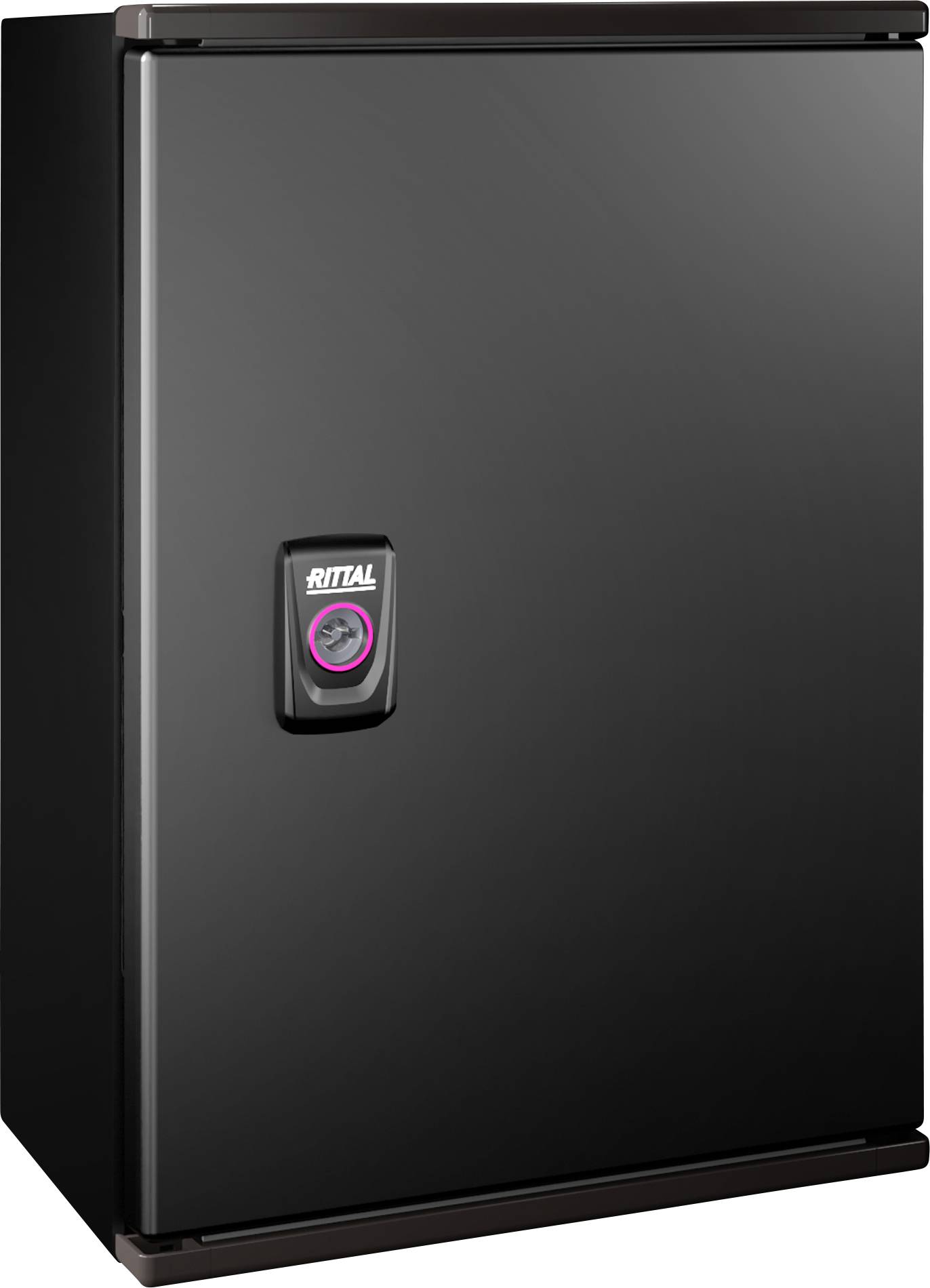 A black electronic cabinet with a handle and the Rittal logo on the front.