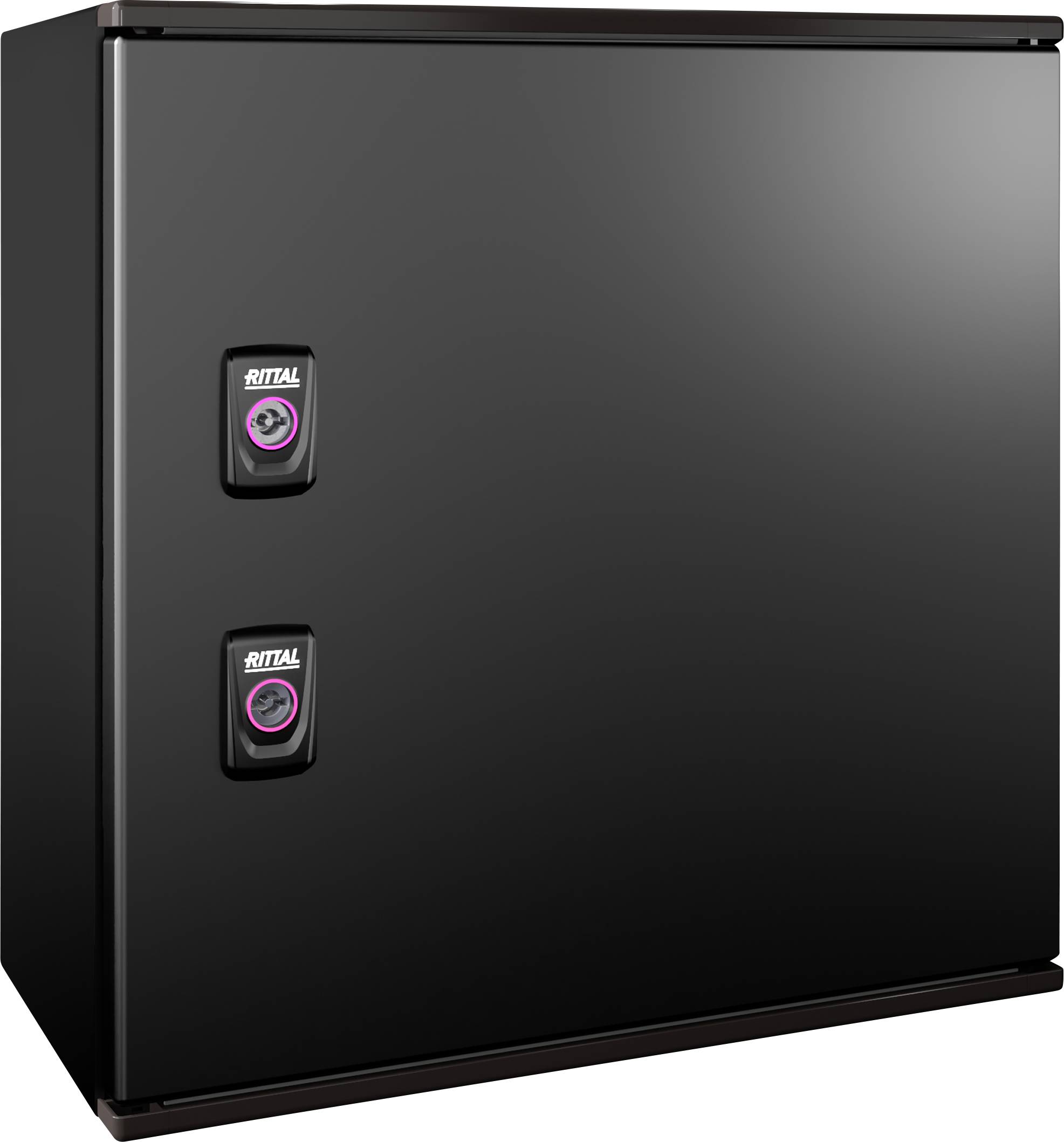 Black Rittal cabinet with two visible locks on the front, suitable for industrial applications.