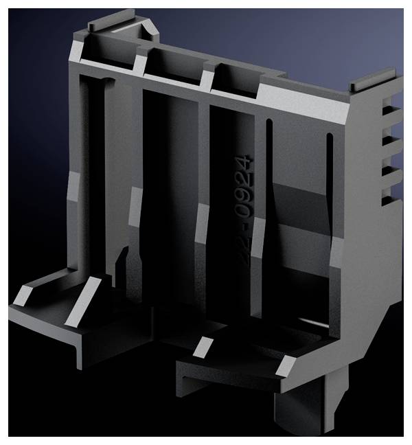 A black plastic component with slots and a serial number on its side, set against a dark background.