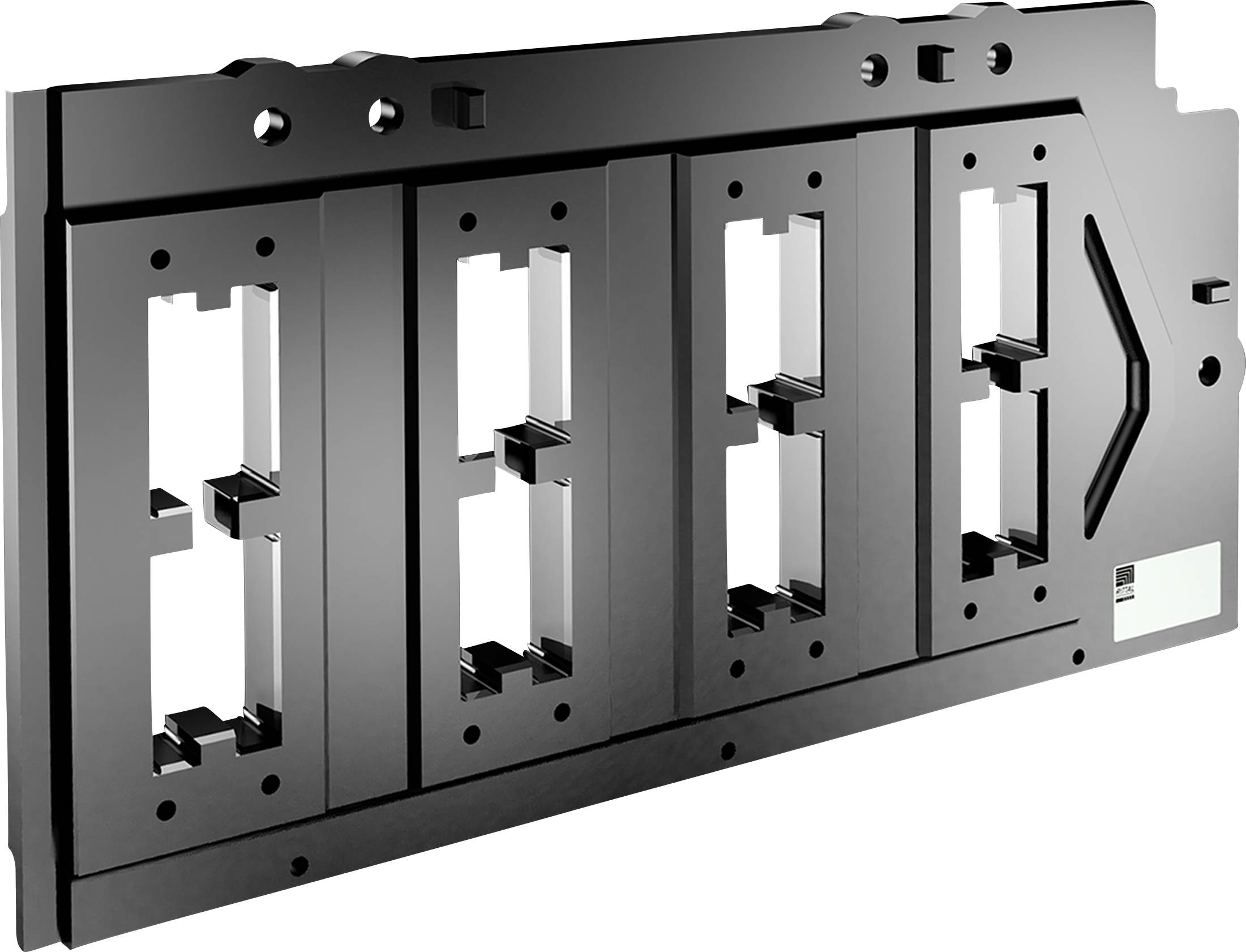 Black, rectangular metal plate with multiple rectangular cutouts and mounting holes, used for industrial applications.