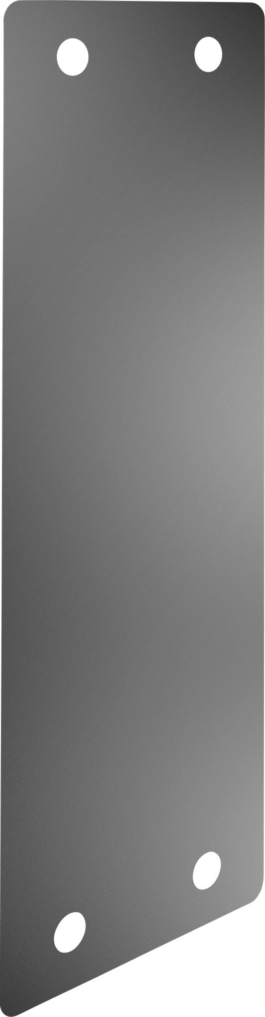 Metal plate with four holes at the corners, rectangular and grey, possibly used for mounting purposes.