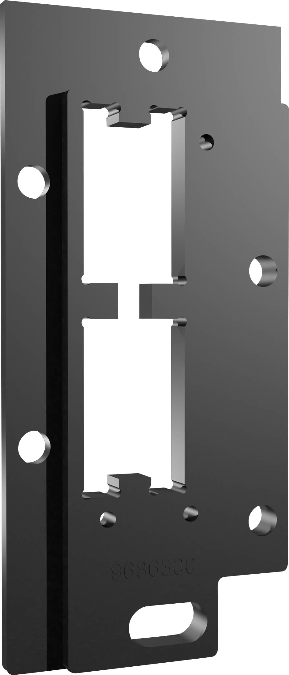 A metallic mounting plate with multiple screw holes and a central recess, suitable for technical applications.