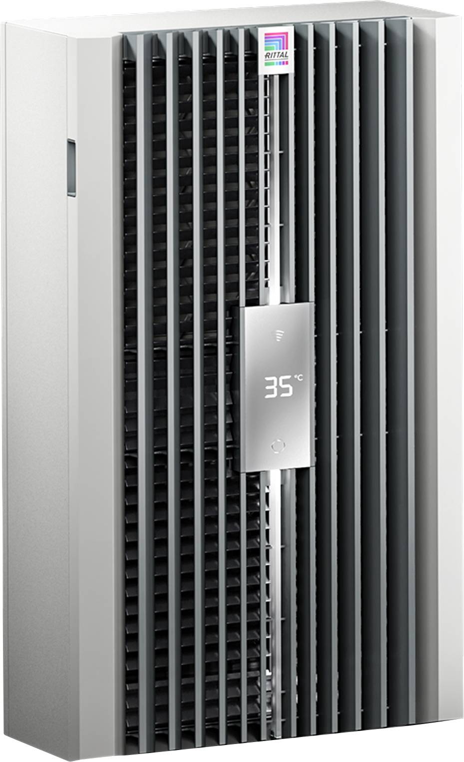 A grey air purifier with vertical ventilation slits. A digital display shows '35°C'.