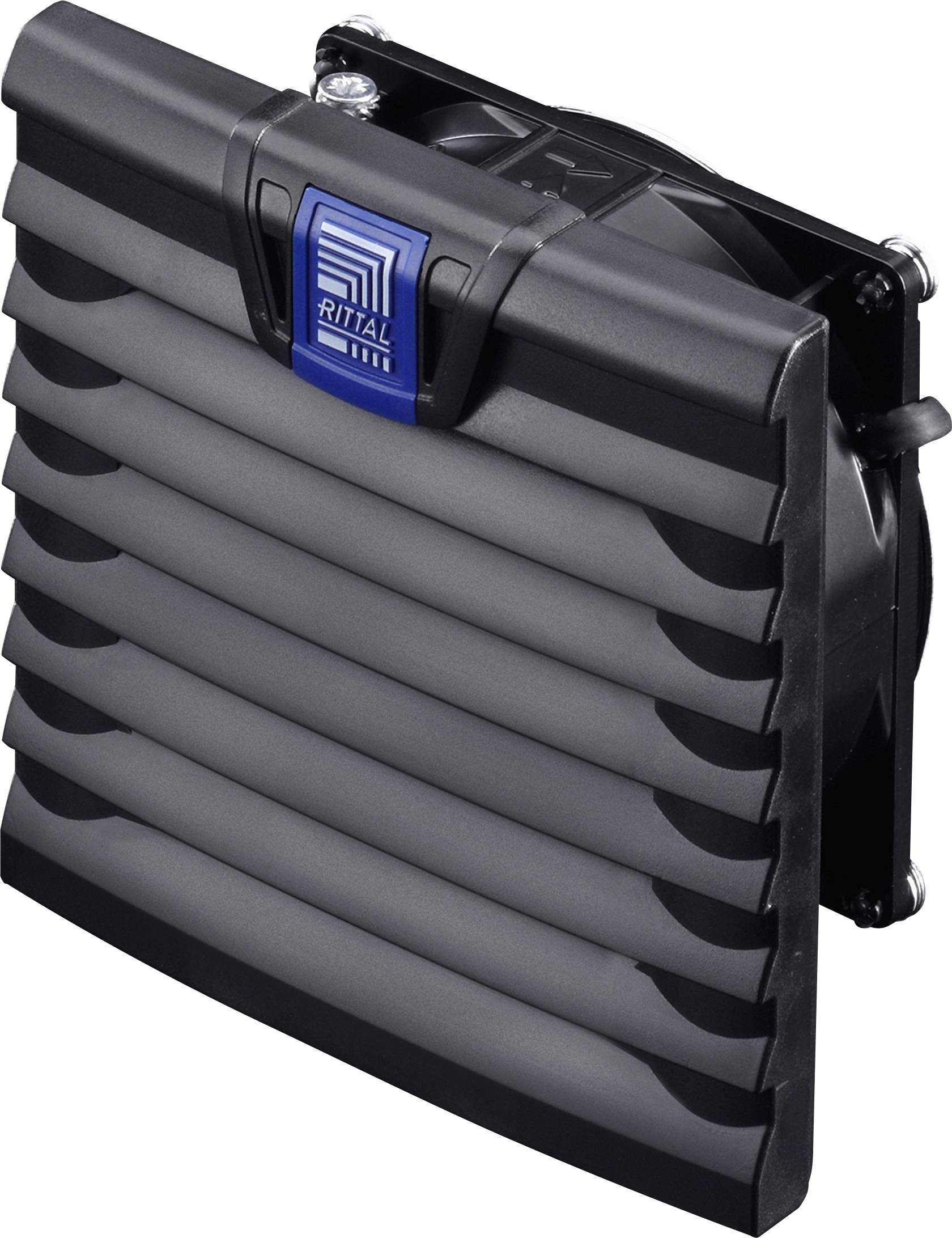 Grey ventilation grille with fan unit by Rittal, rectangular shape, for cooling and ventilating electronic enclosures.