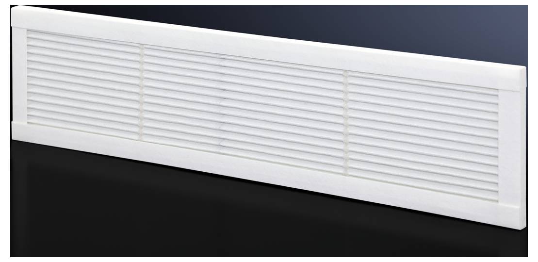 White ventilation grilles on a black background, rectangular with horizontal louvres, for air circulation in walls or ceilings.