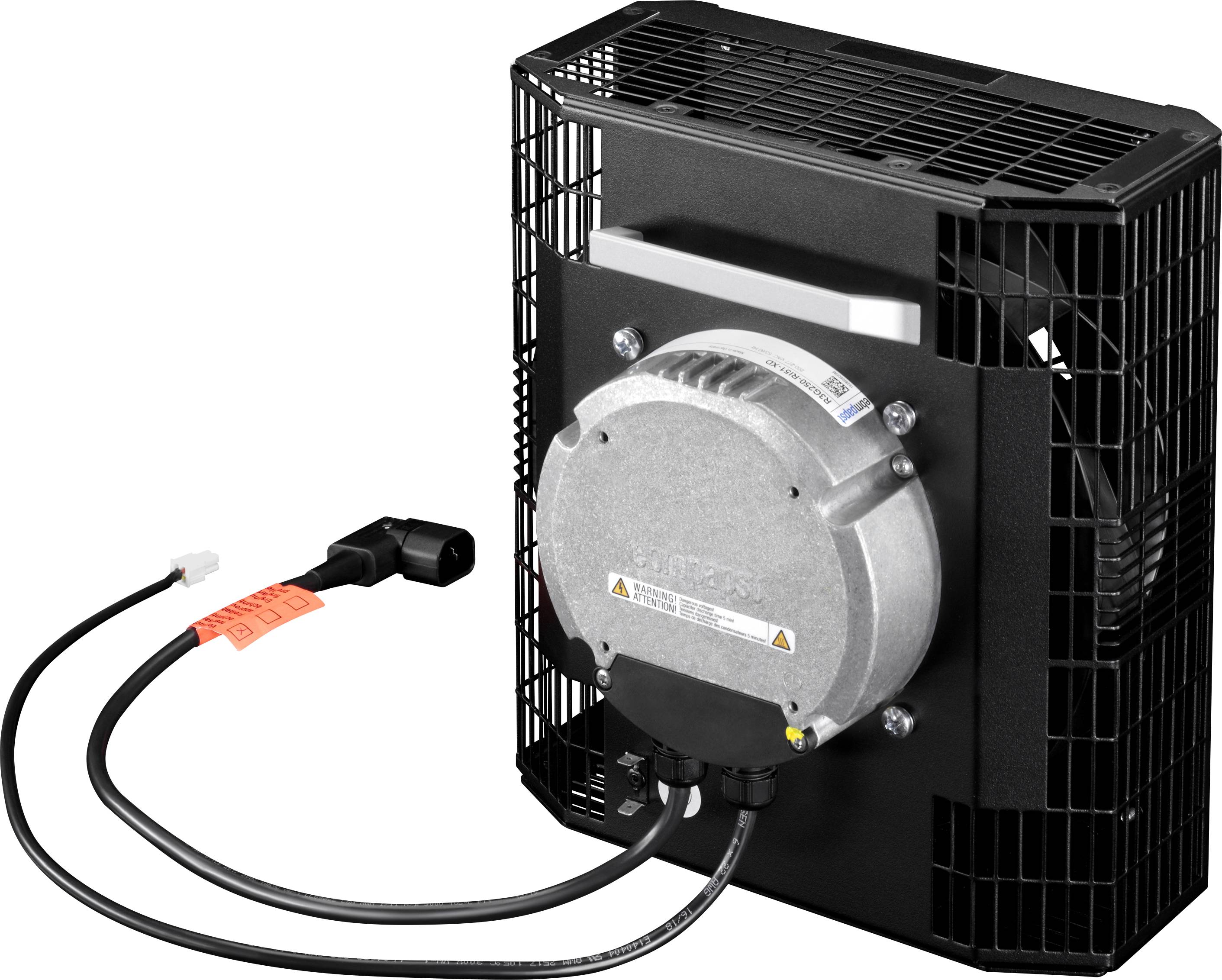 A fan unit with a metal casing and cable connection. It is used for ventilating electronic components.