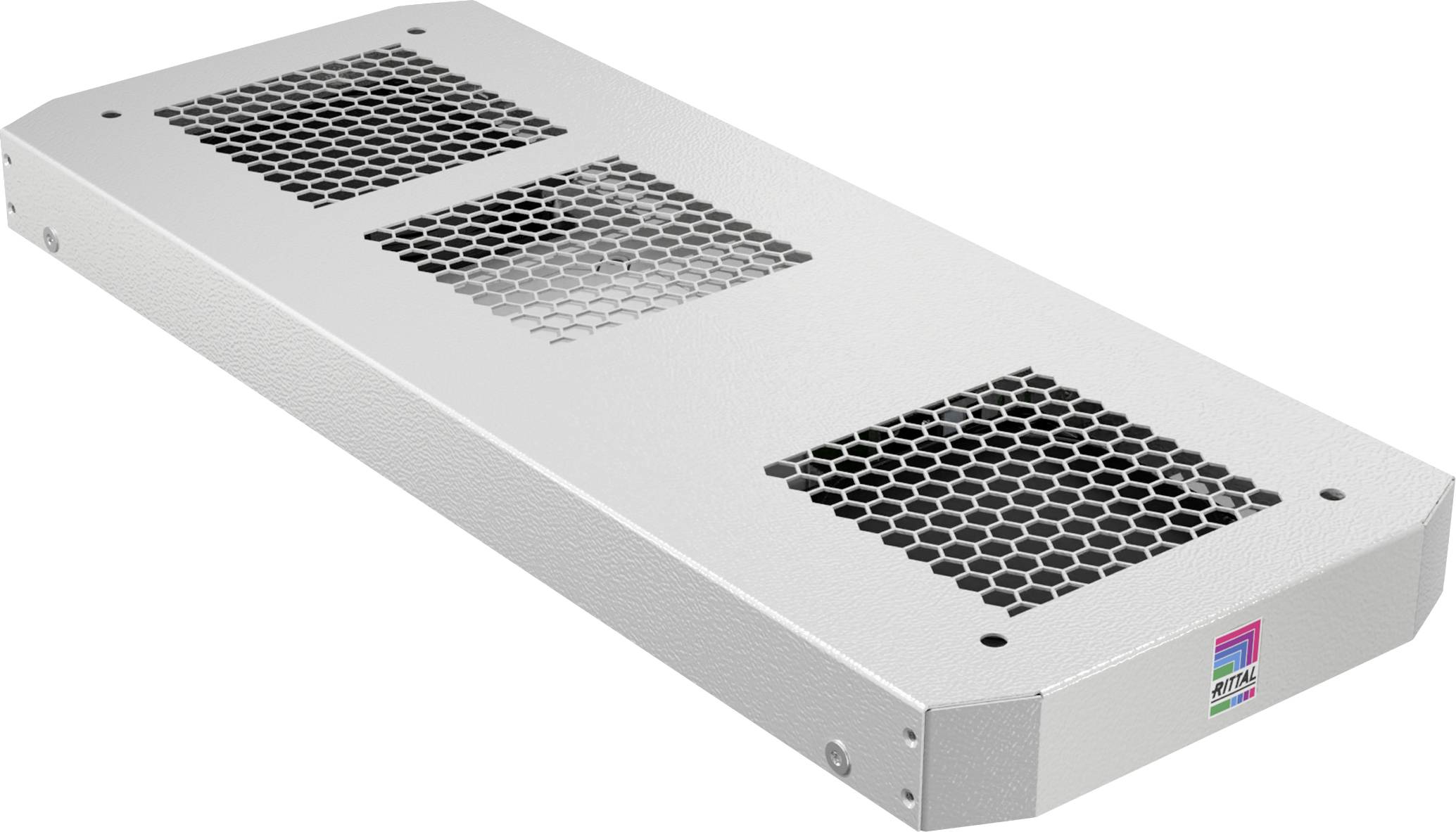 Metallic rectangular ventilation grille housing with two grille openings and a small coloured logo on a white background.