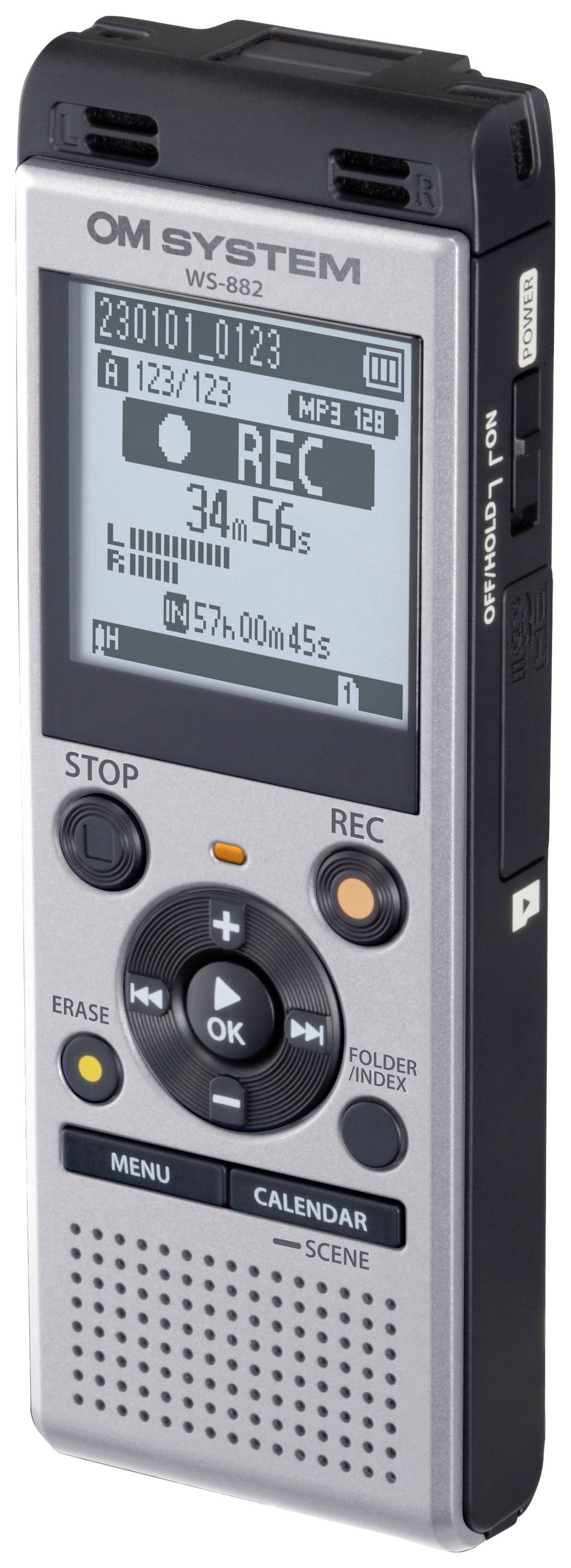 Digital Voice Recorder with Display; Recording Time Shown. Control Buttons for Stop, Record, Menu, Calendar, Scenes.