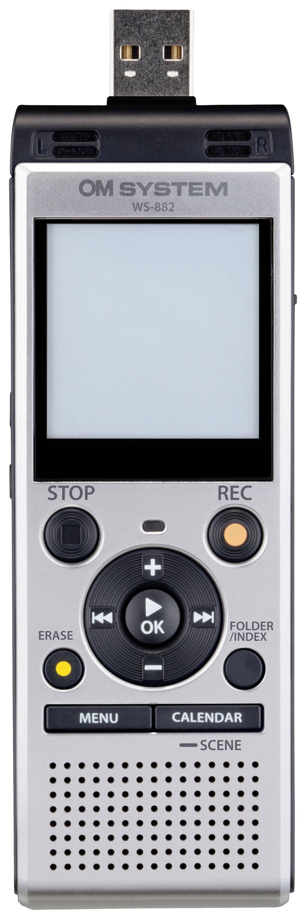 Digital voice recorder in silver design with large display and control buttons for recording, stop, menu, and volume control.