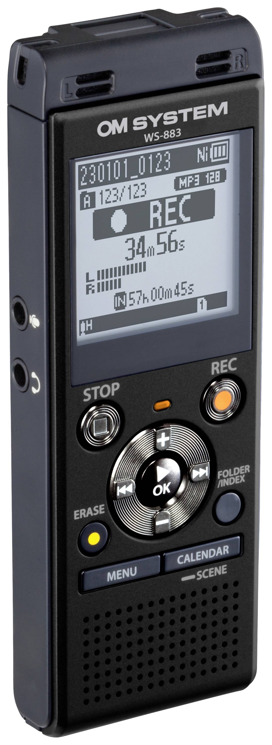 Ein digitales Diktiergerät mit Mikrofon, Display und Bedientasten. Zeigt Aufnahmezeit und Batteriestatus an.