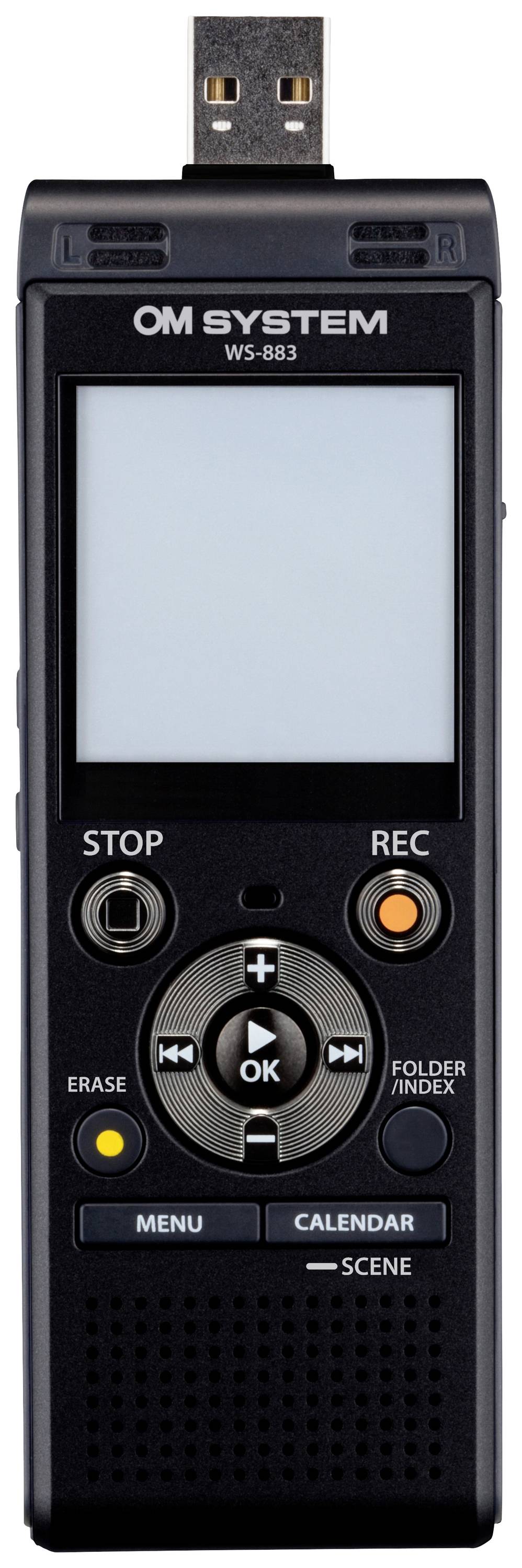 Dictation device with USB plug and screen, buttons for 'Stop', 'Rec', 'Menu', 'Calendar', and 'Scene'. Main controls located in the centre.
