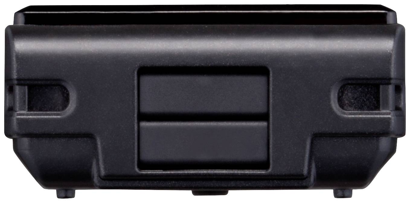 Black plastic container with a rectangular, slightly recessed compartment. Sides with small indentations. Likely part of a device.