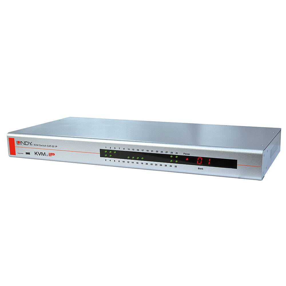 A silver KVM-IP switch with 16 ports and LED indicators on the front; brand 'LINDY'.