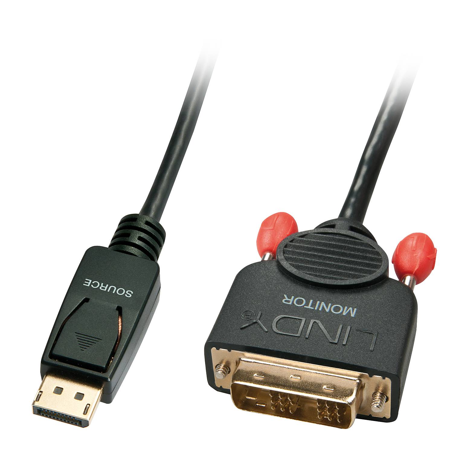 Diagram of a DisplayPort to DVI cable. On the left, the DisplayPort connector is labelled 'Source', on the right, the DVI connector is labelled 'Monitor'.