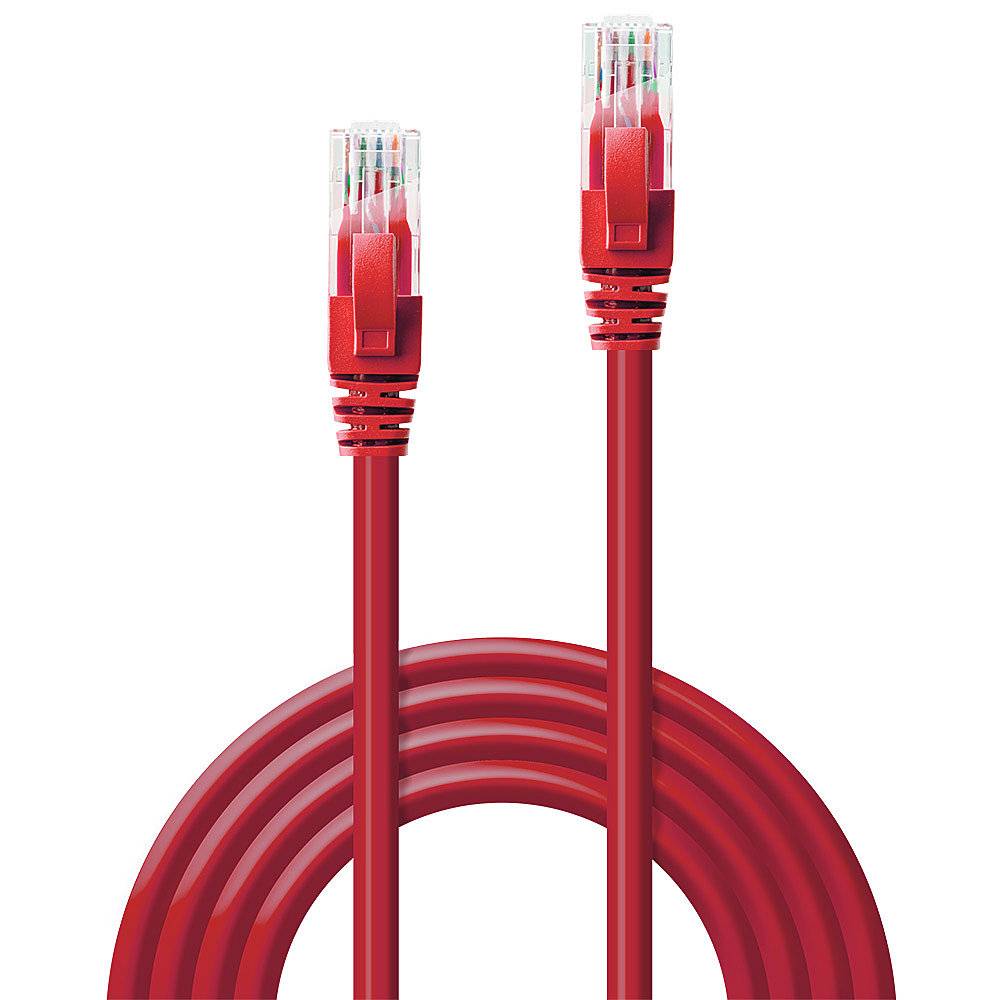 Red Ethernet cable with two plugs, both pointing upwards. Used for network connection between computers and devices.