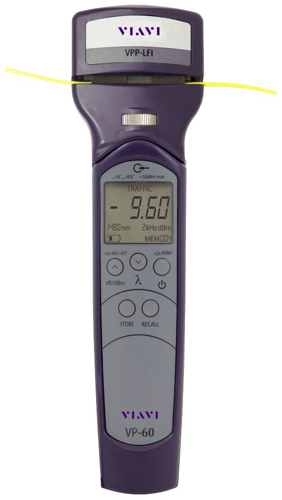 The image shows a purple hand-held measurement device by VIAVI for fibre optics, model VP-60, with a display and controls for measuring power levels.