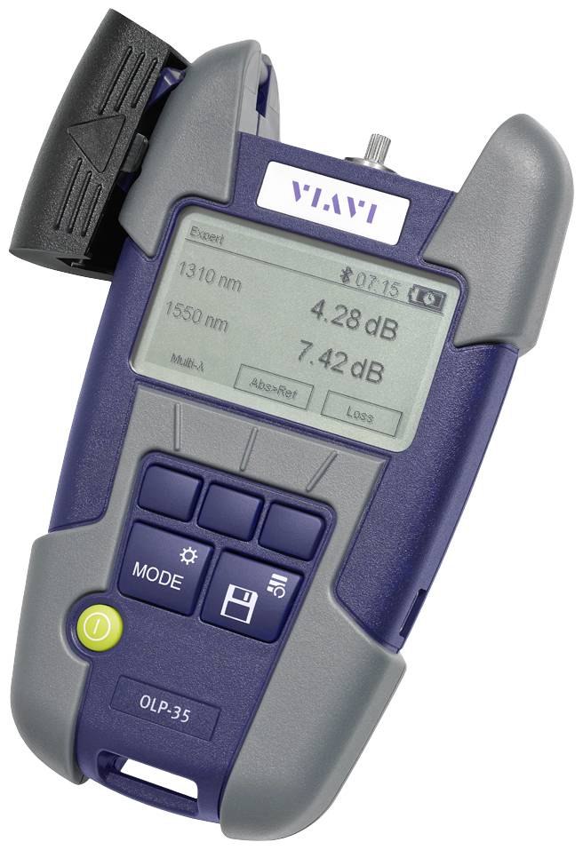 Handheld optical power meter with display indication: 4.28 dB and 7.42 dB at 1310 nm and 1550 nm. Control buttons underneath.