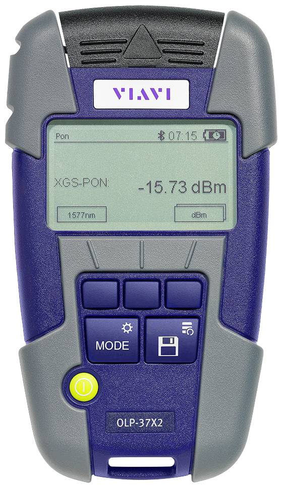 An optical power level metre displays a reading of -15.73 dBm for XGS-PON at 1577 nm wavelength on the digital display.
