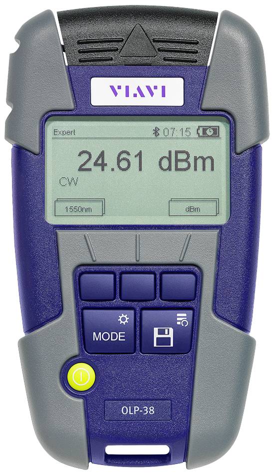 Hand-held measuring device with digital display showing '24.61 dBm'. The device has several buttons for operation and is blue-grey.