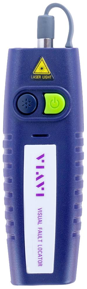 Torch in navy blue with yellow laser symbol. Features green power/off button and ventilation holes. Inscription reads: 'VISUAL FAULT LOCATOR'.