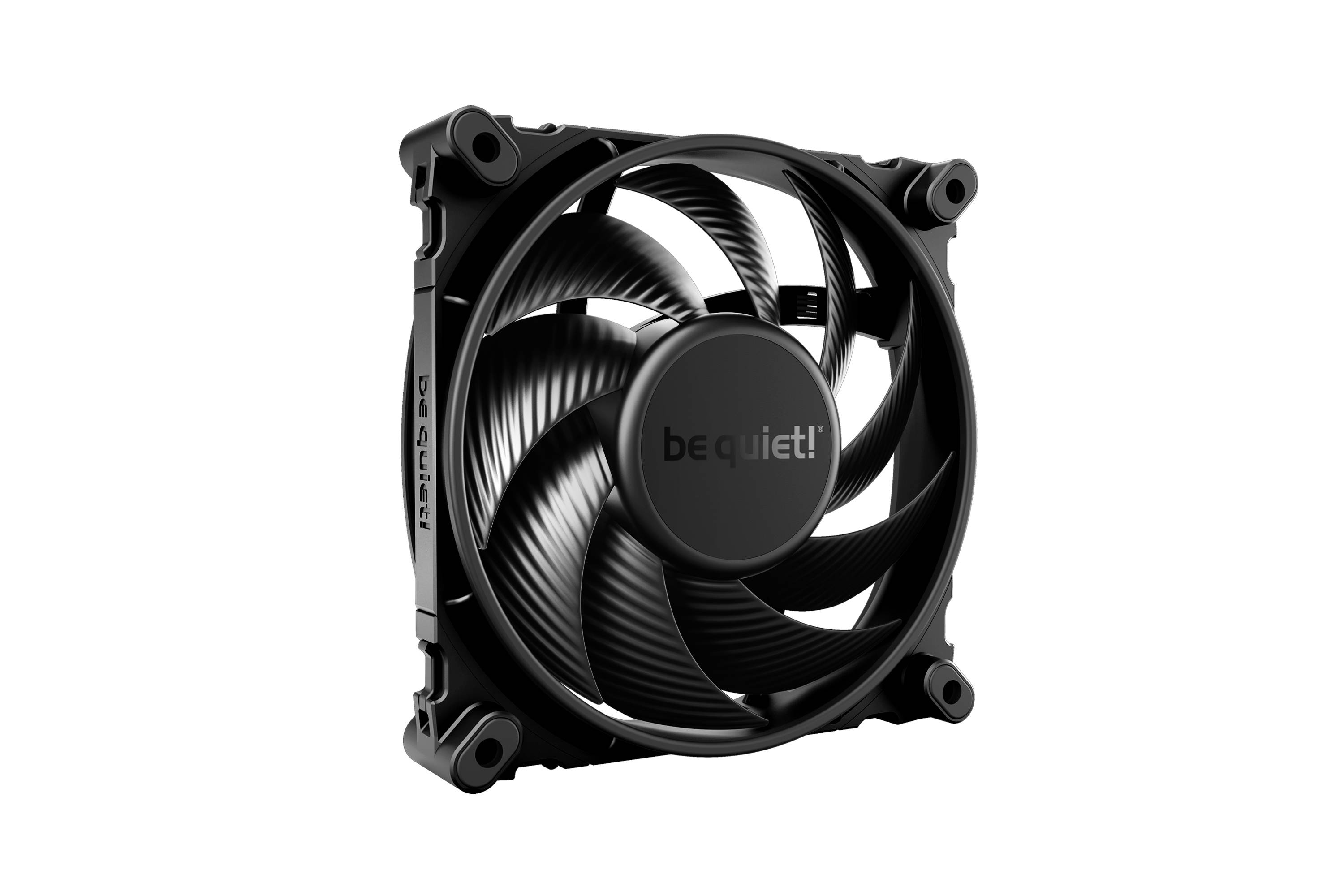A black computer fan with the inscription 'be quiet!' is pictured. The fan has multiple blades and a square frame.