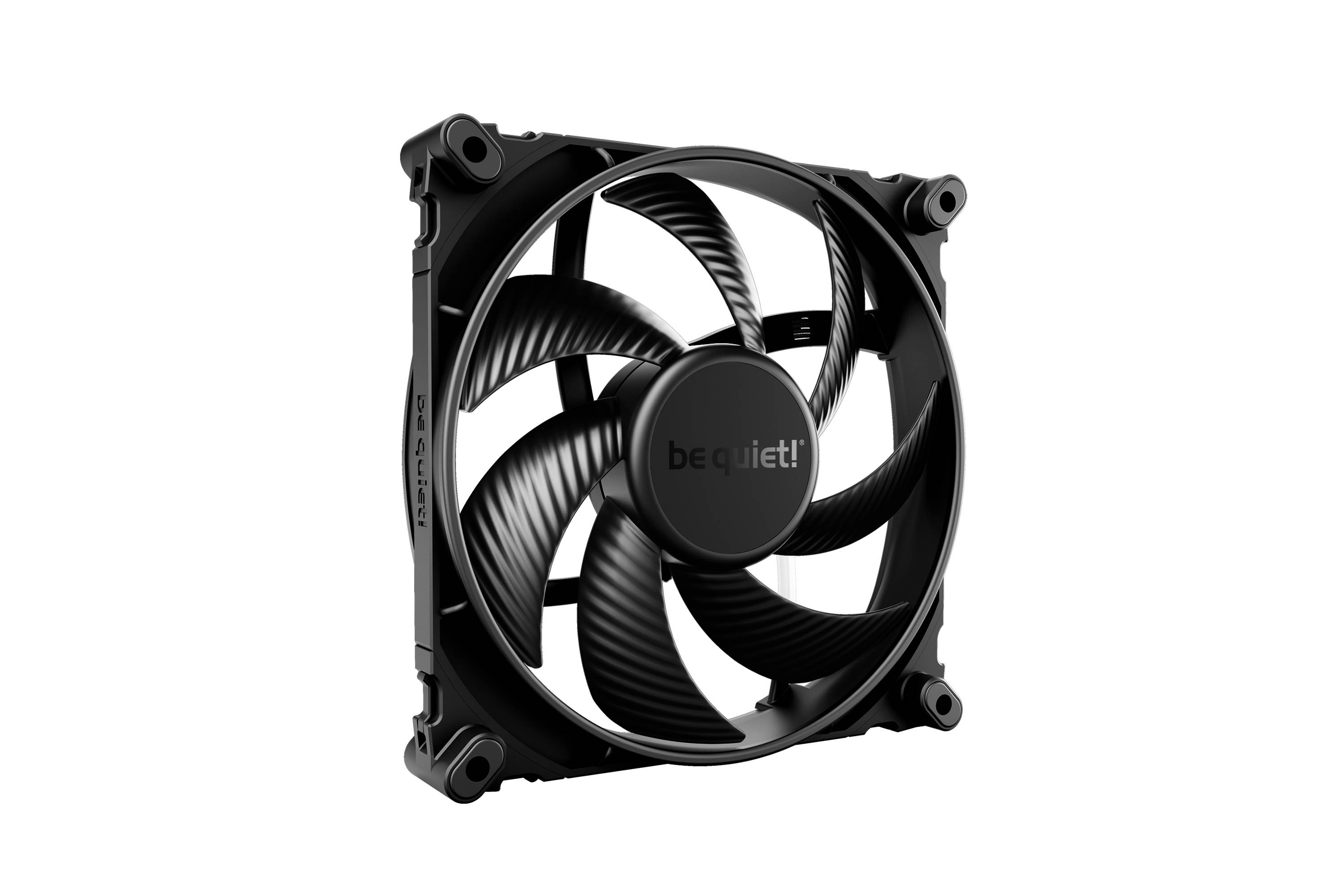 A black computer fan with the 'be quiet!' inscription on the hub, showing seven blades in a housing with four mounting corners.