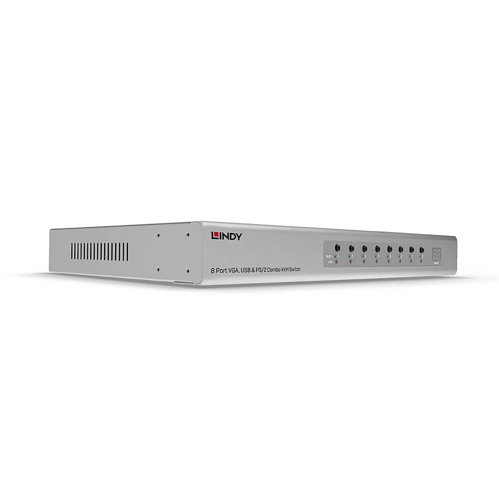 '8 Port VGA USB & PS/2 Combo KVM Switch' by LINDY with eight input ports and a ventilation grille on the side.
