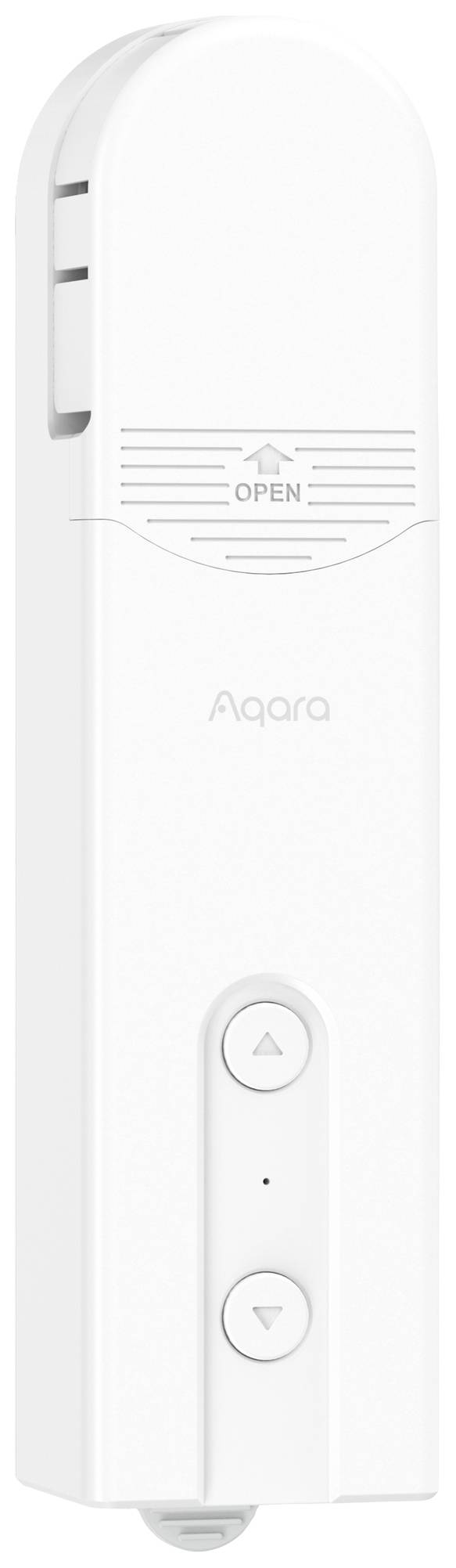 A white, elongated smart home device motor with two buttons and the 'Aqara' imprint. At the top, the word 'Open' is printed with an arrow symbol.