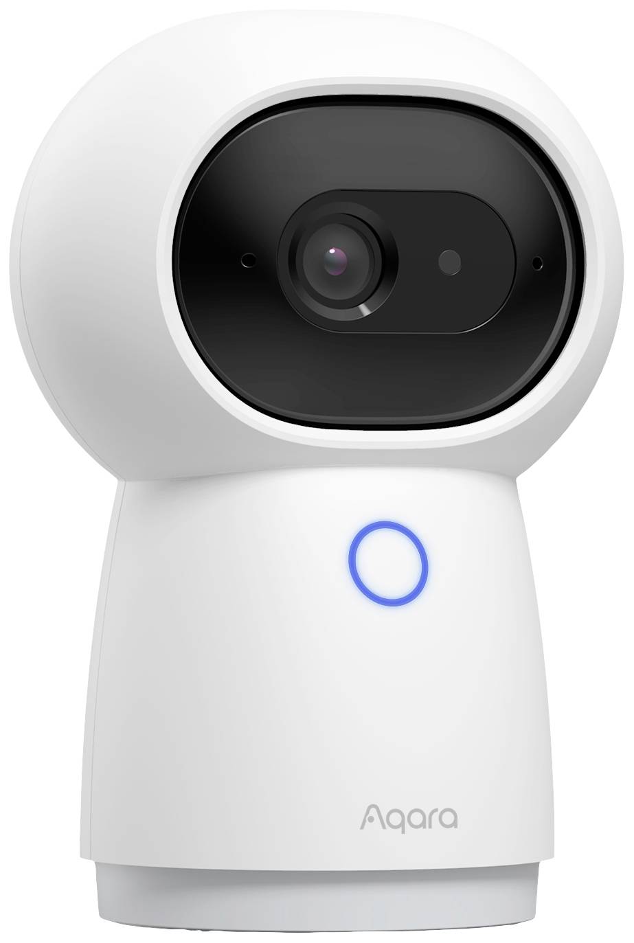 A white, round security camera with a black lens and a glowing blue ring, sitting on a table.