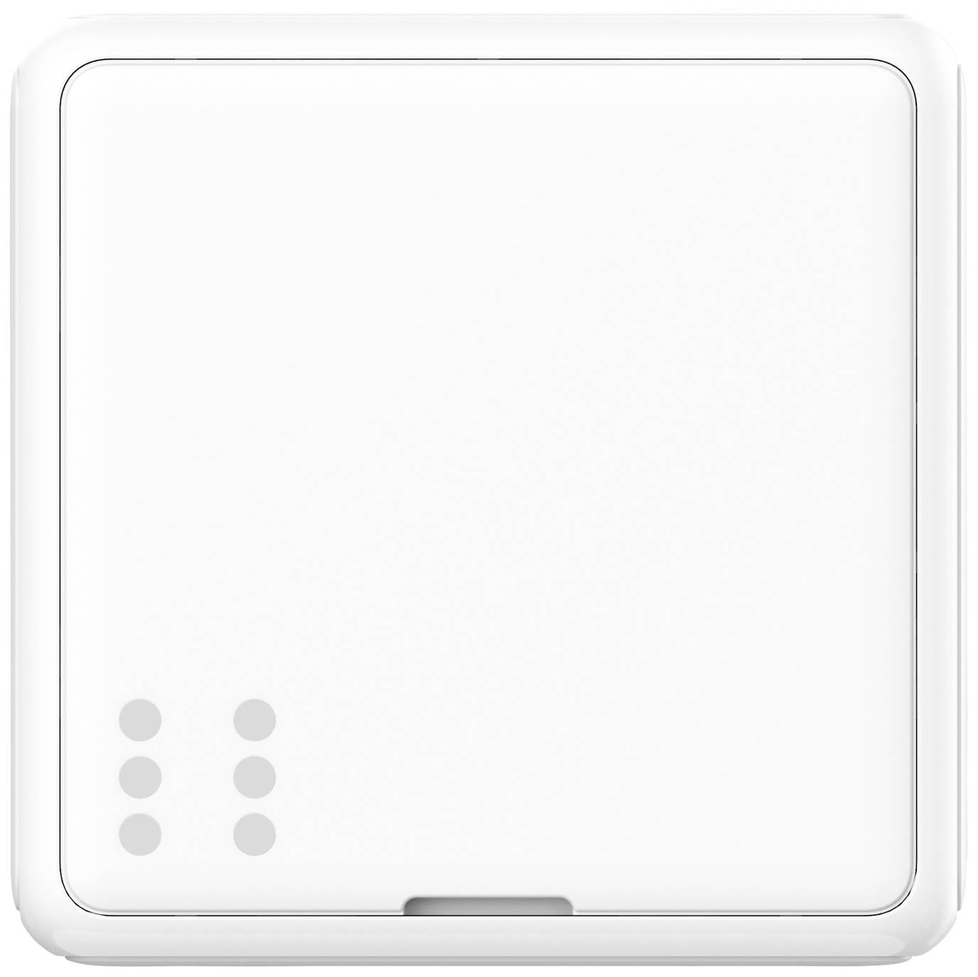 A square, white light switch with rounded corners, mounted on a white wall. Three small indentations are located in the bottom left.