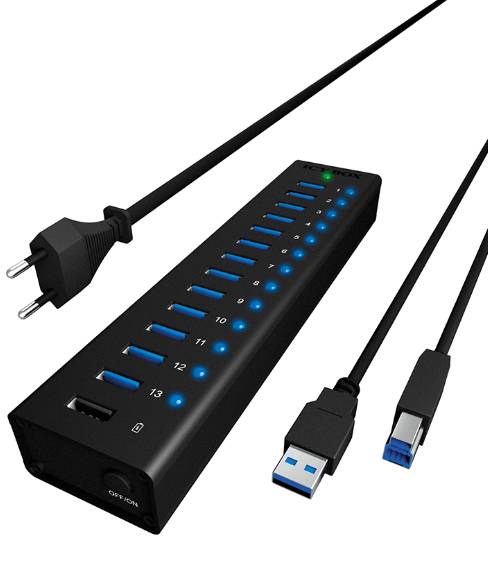 Black USB hub with 13 USB 3.0 ports and a power switch. Includes mains cable and USB connection cable. Suitable for computer accessories.