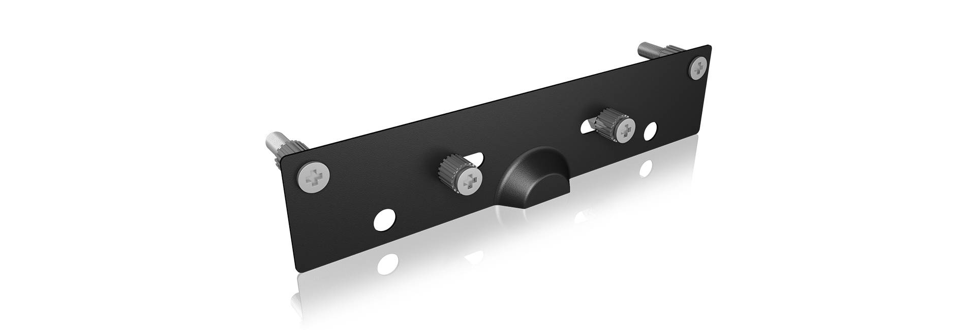 Black, rectangular metal sheet with multiple screws and holes, likely part of a mounting device.