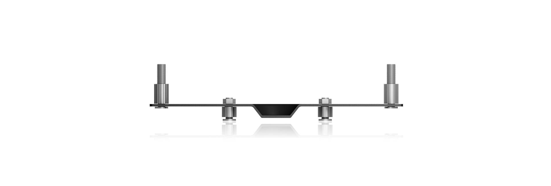 A minimalist representation of a metallic apparatus with two vertical bolts at the ends and a central funnel.