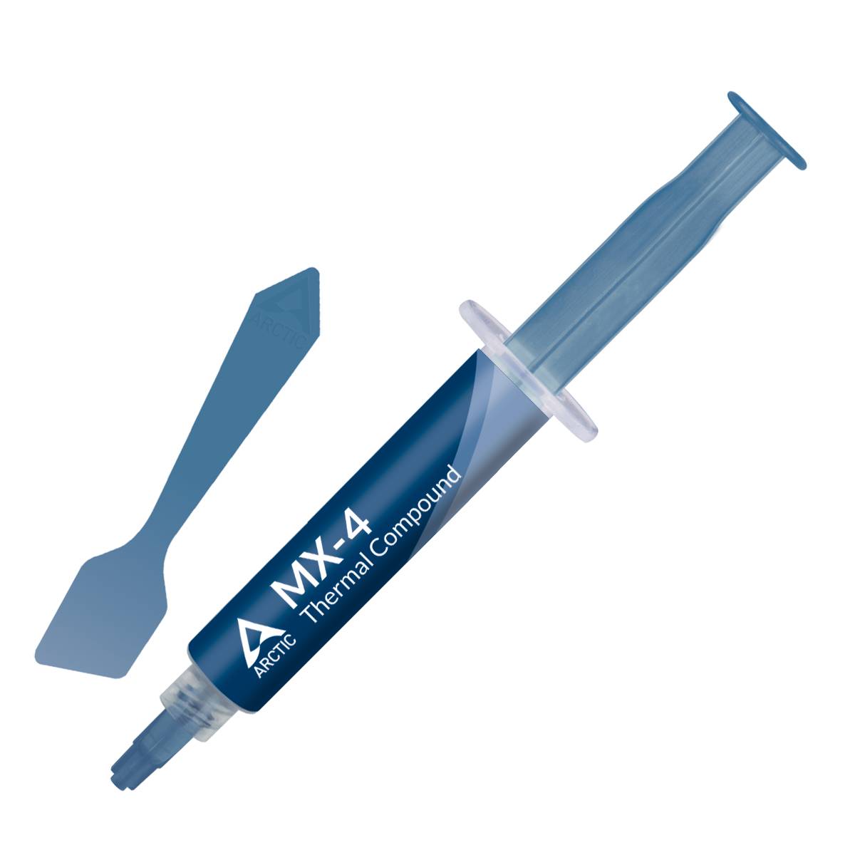 The image shows a syringe containing 'MX-4 Thermal Compound' and a spatula for applying thermal paste to computer chips.