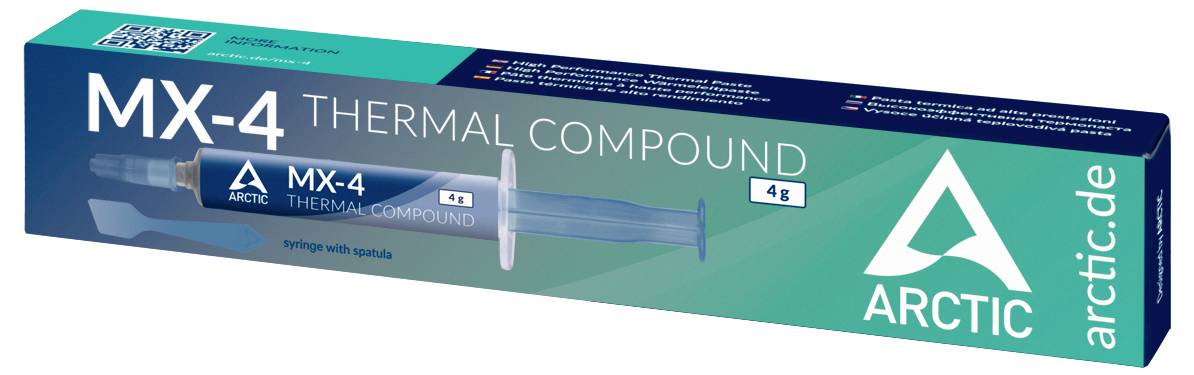 'ARCTIC MX-4 Thermal Compound' packaging. Features a 4g syringe and a spatula. Designed for efficient heat dissipation in electronics.
