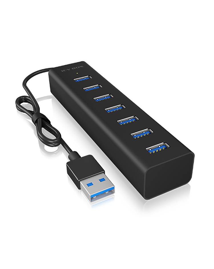 A black USB hub with seven blue USB ports and a cable. Ideal for connecting multiple devices to a computer.