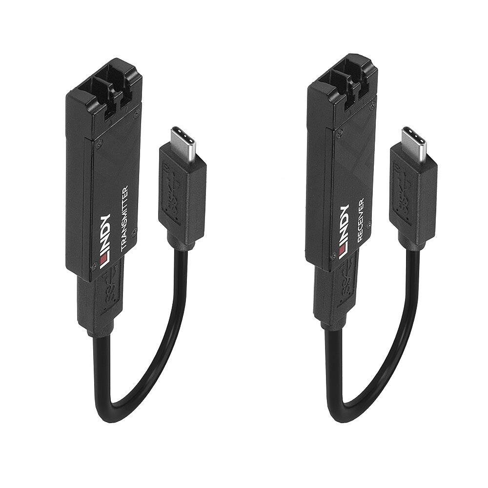 Two black USB-C to DisplayPort adapters with Lindy branding, suitable for connecting devices such as laptops to monitors.
