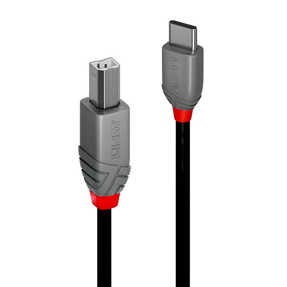 USB-C to USB-B Cable. Shows two connectors: left USB-B, right USB-C. Grey with red accent. Cable is black. Connecting device.