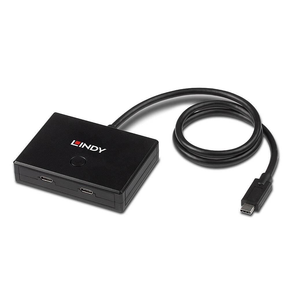 USB-C docking station with logo, two HDMI ports, black surface and attached cable. Suitable for monitor connections.